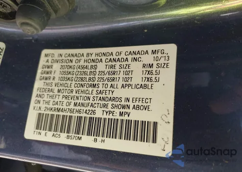 2014 Honda Cr-V Ex-L from USA, damaged, VIN 2HKRM4H76EH614226